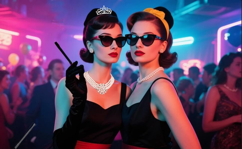 9pcs Hepburn Style Costume 1920s Accessories 20s Holly Golightly Pearl Necklace Earrings Gloves Vintage Sunglasses for Women Breakfast at T's Jewelry Set Halloween Wedding Flapper Party Cosplay - Image 5