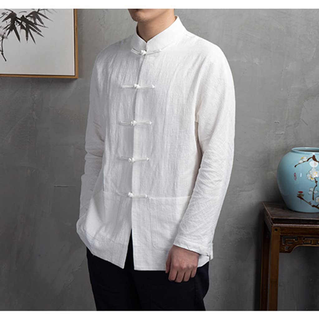 RWRAPS Abito Kung Fu Abbigliamento Tradizionale Cinese Camicie da Uomo in Cotone e Lino Cardigan Tai Chi Set Costume da Maestro Moda Maschile Top (Bianco XXXL 5)