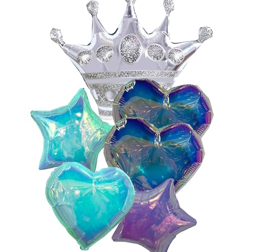 Image of Metallic Star, Heart, and Crown Balloons, Assorted Iridescent Colors