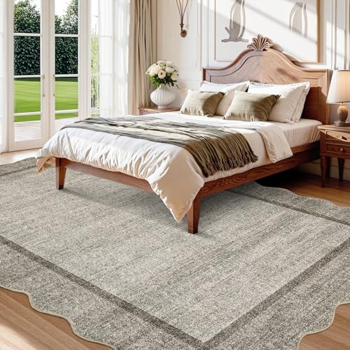 GarveeHome Scalloped Washable Rug 9x12 Area Rug for Living Room Modern Bedroom Rug Brown Large Area Rug Non Slip Throw Rugs Soft Low Pile Stain Resistant Carpet for Dorm Nursery Dining Room 9'x12'