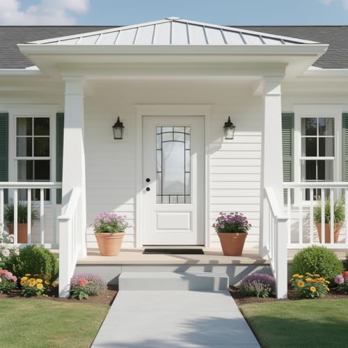 Image of 36 inch x 80 inch Fiberglass Exterior Front Door, Left-Hand Inswing, Exterior Doors for Home Entry with Frosted Glass for Privacy, LVL Stile Construction, Knock-Down Kit with Brickmould, Decorative Glass
