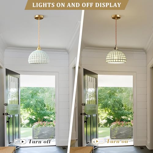 Image of Modern Ceramic Pendant Light Farmhouse Brass Finish Sky Blue Pendant Light Mid Century Ceiling Hanging Lamp for Kitchen Island Bedroom Bedside