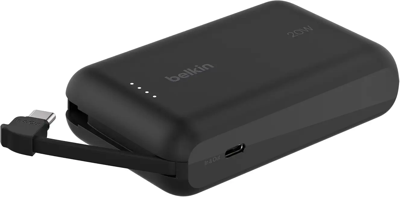 Belkin BoostCharge Power Bank, Portable Powerbank 10000mAh mit integriertem Kabel, PD 20 W – USB-C Power Delivery zum Schnellladen von Geräten wie der iPhone 16-Serie, iPad Pro und Galaxy S24