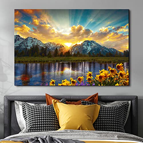 Image of Sunset Mountain Wall Art, Grand Teton National Park Landscape Canvas Wall Decor 32x48 inch Sunflower Pictures Artwork Nature River Scenery Prints Painting Home Decoration for Living Room Bedroom Kitchen