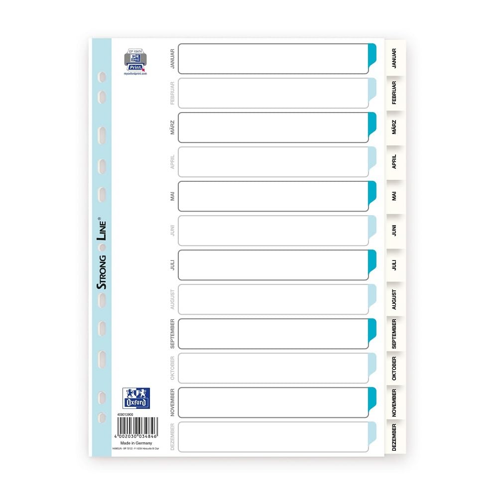 Oxford 400013900 Plastic Index Strong-Line Jan-Dec 12-Piece for DIN A4 Plastic Index with Writable Cover Sheet White Ring Binder Ring Folder