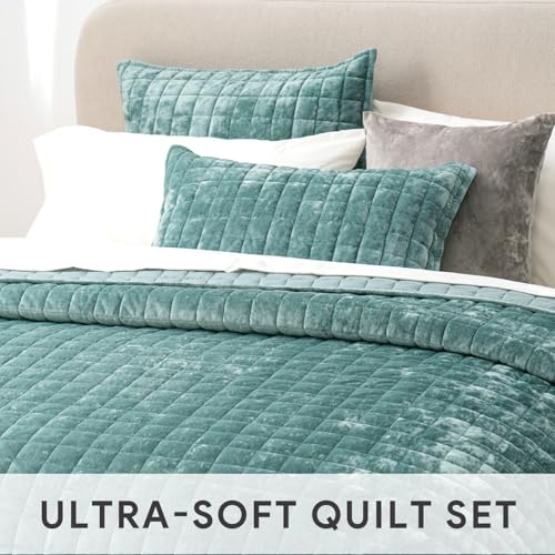 RECYCO Luxury Velvet Quilt Set King Size, Lightweight Velvet Comforter Set, Oversized Bedspread Coverlet Quilted Bedding Set, with 2 Matching Pillow Shams, for All Season, Aqua Green
