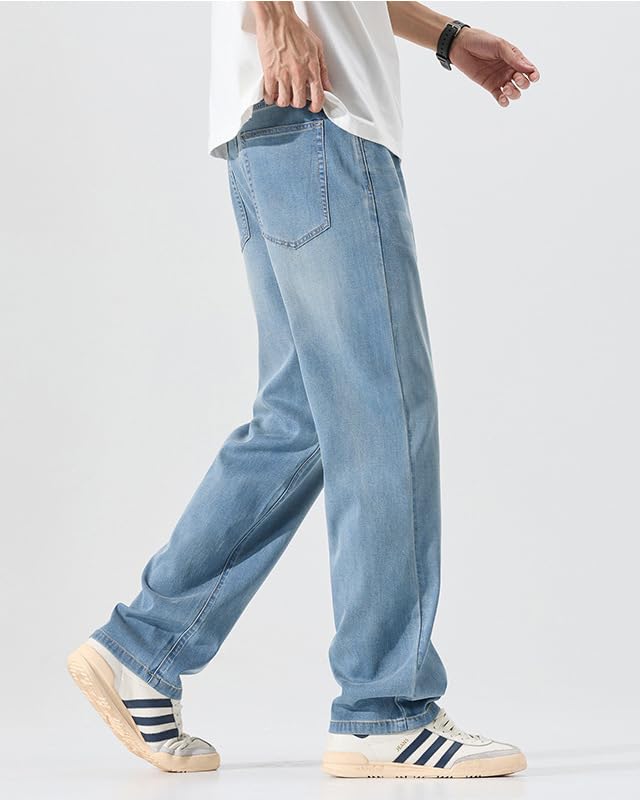 Men's Summer Streetwear Casual Retro High Waist Loose Straight Slim Stretch Blue Jeans2