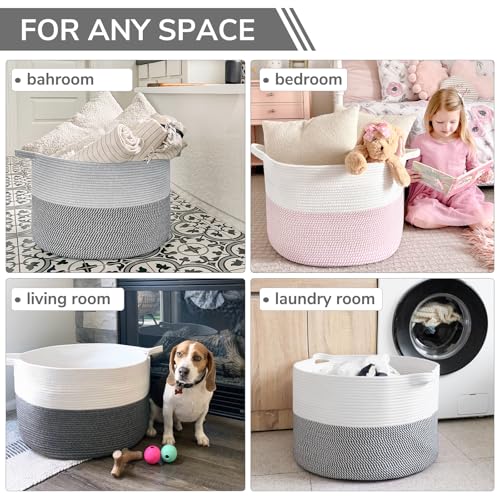 Image of INDRESSME Extra Large Laundry Basket, Cotton Rope Blanket Basket for Nursery Living Room, Decorative Woven Storage Basket with Handles for Dirty Clothes, Toy Bin For Dog Toys, 21.7 x 13.8 inches, Grey