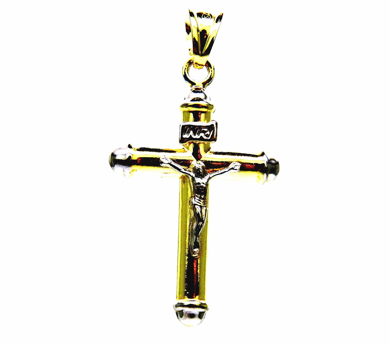 Ciondolo da Uomo in Oro Giallo e Bianco 18Kt (750) Pendente Religioso Croce Cristo Cappucci Bicolore