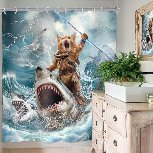 Image of Funny Cat Riding Shark Shower Curtain Ocean Waves 60Wx72H Inch Decor | Hilarious Surfing Cool Beach Blue Sky White Clouds Boys Men Waterproof Polyester Fabric Bathroom Bathtub with 12 Hooks