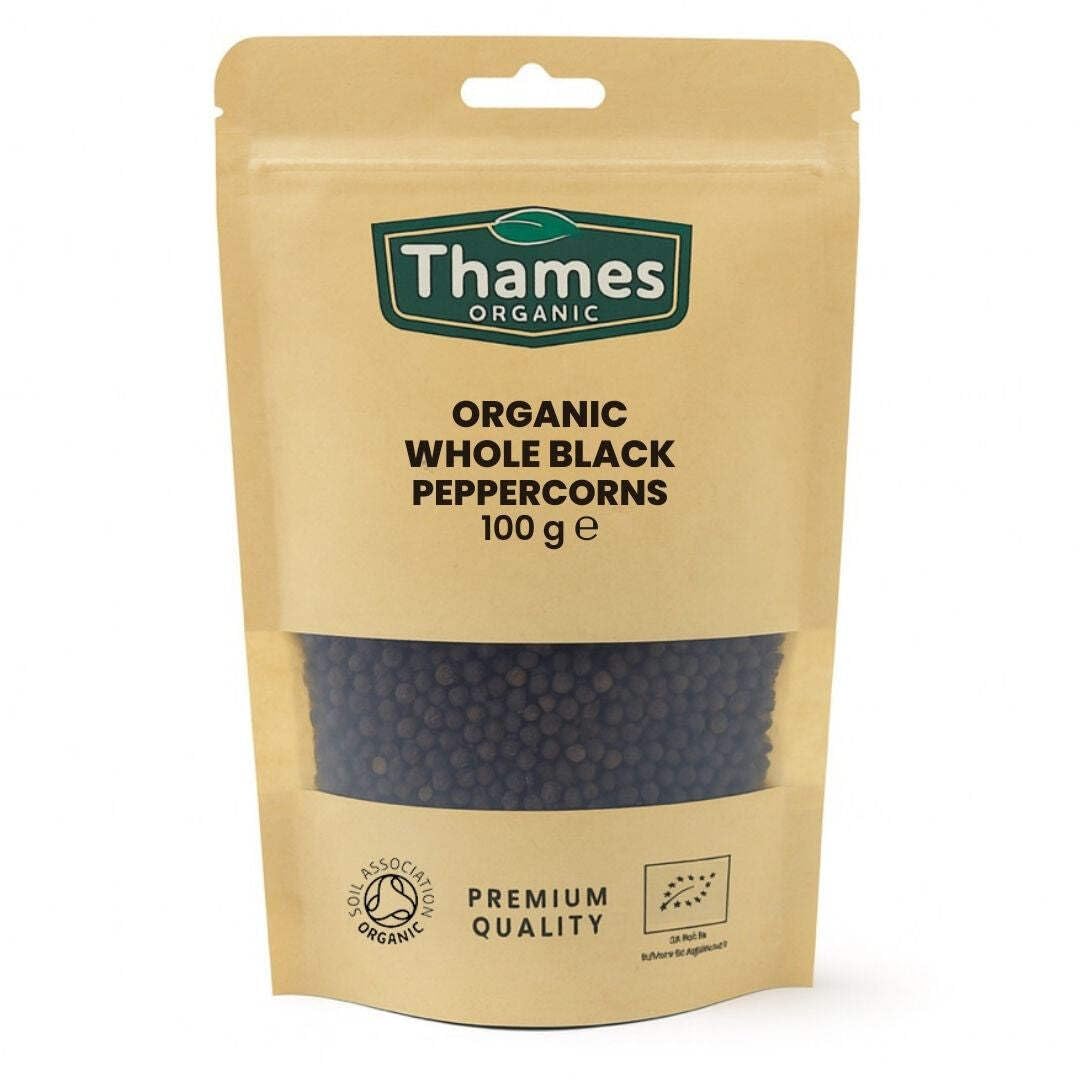 Organic Whole Black Peppercorns-Certified Organic, Non-GMO, Vegan, No Additives, No Preservatives, Resealable Bag by Thames Organic 100g