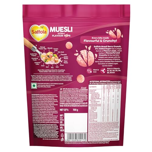 Image of Saffola Muesli 0% Added Sugar Berry Crunch 700 gm | High Protein & High Fibre to help Manage Weight | Muesli with Flavour Pops