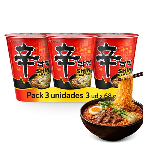 Ramen Picante Nongshin, Fideos Instantáneos Nong Shim Shin Ramyun, Instant Noodle Ramen Corea, Original Coreano, Agrega agua caliente y cocina por 5 minutos, Contiene 3 unidades de 68 g