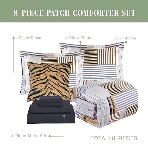 Image of Elegant Comfort 8-Piece Animal Print Patch Reversible Comforter Set - All Season Bed in a Bag, 4-Piece Sheet Set Featuring Smart Pockets, Matching Shams and Decorative Pillow, Twin /Twin XL, Gold