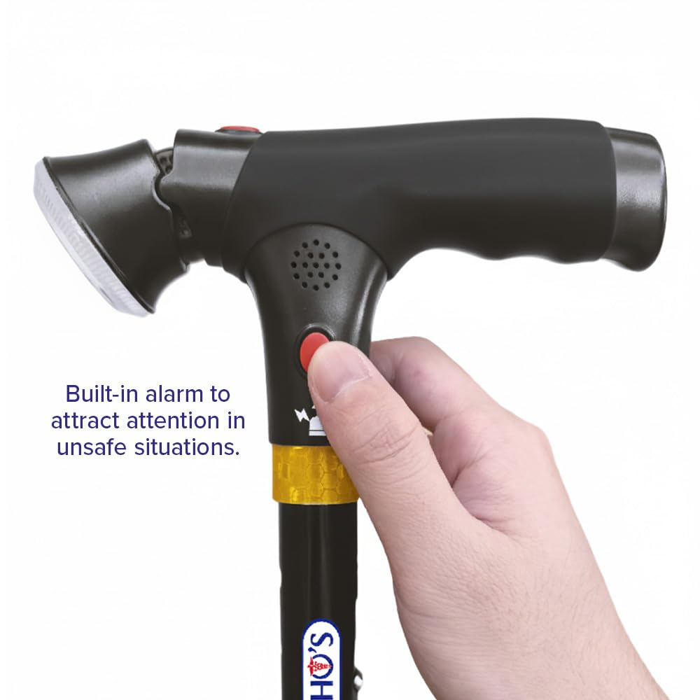 DR-HO'S Get Up & Go - Bastón de lujo plegable, altura ajustable con luz y alarma, base de 4 puntos, soporte de movilidad de doble mango para personas mayores y adultos