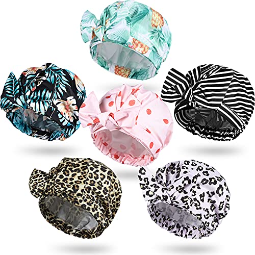 6 Pieces Shower Cap for Women Reusable Hair Shower Cap Waterproof Bowknot Bath Caps Adjustable Bow Bath Caps for Girls Long Hair Shower Bathing Spa Home Travel, 6 Styles