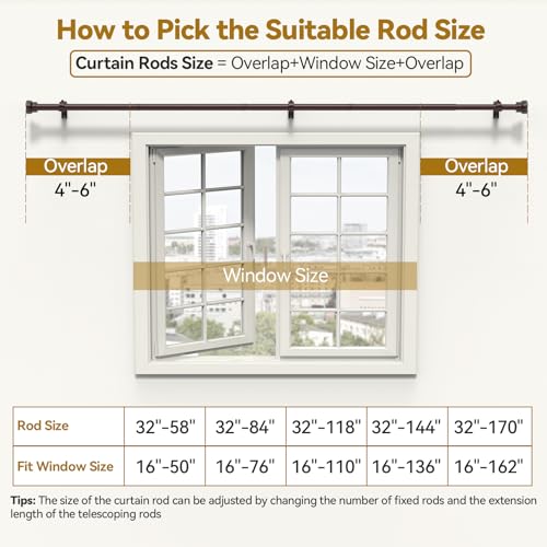 Image of YaFex Curtain Rods 32-170 Inch, Heavy Duty 1 Inch Adjustable Curtain Rod for Windows, Bronze Brown Extra Long Window Treatment Rods, Modern Design, Easy Installation