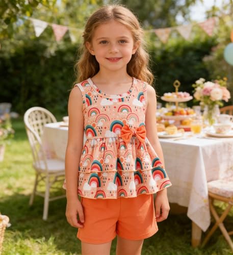 Image of Girls 2 Piece Outfit Summer Short Set Sleeveless Bow Knot Tank Top and Shorts Cute Clothes for Toddler Girls