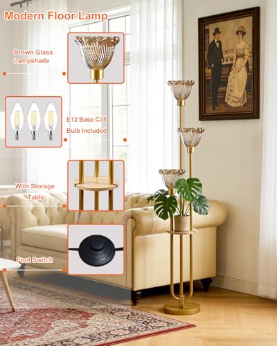 Image of Lightdot Glass Floor Lamp for Living Room Gold with Amber Glass Shade & 3000K Bulbs Included 3-Lights Modern Tall Standing Lamp with 5Lbs Heavy Base for Bedroom /Sofa Beside /Corner Decor /Party