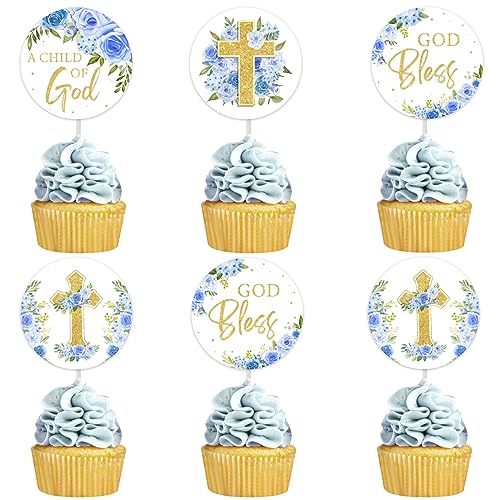 Décorations cupcakes bleues et croix religieuse, cadeau idéal pour baptême garçon