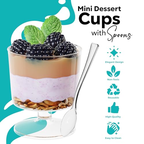 Exquisite Mini Dessert Cups With Spoons 200 Pcs - 2 Oz Round Clear Plastic Pudding Cups Disposable With Tasting Spoons 100 Sets | Mini Parfait Cup | Appetizer Cup For Party & Events by Exquisite - Image 4