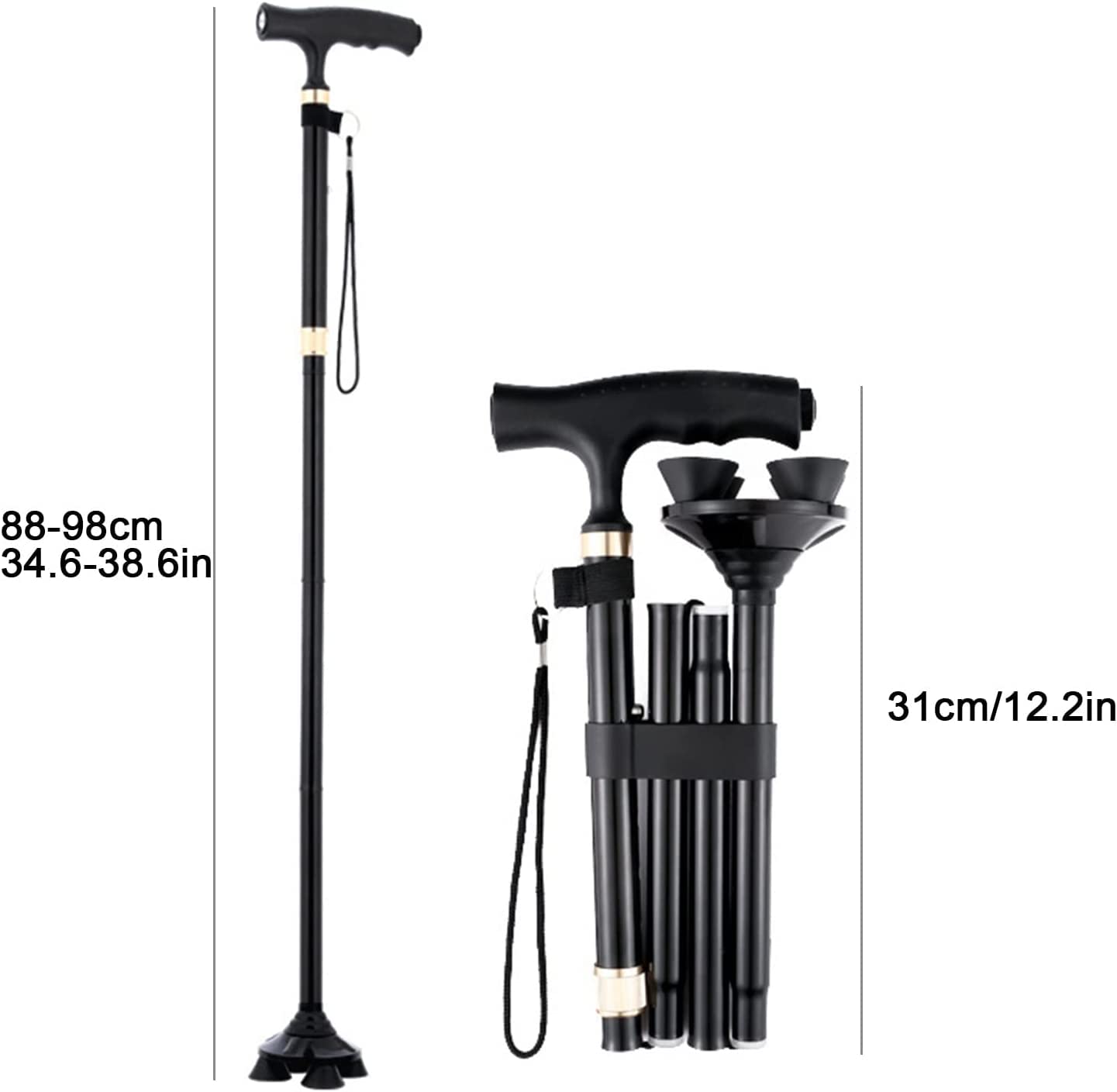 Muletas plegables para adultos con luces LED, bastones ajustables, parte inferior antideslizante, bastones para personas mayores, salir o viajar, color negro