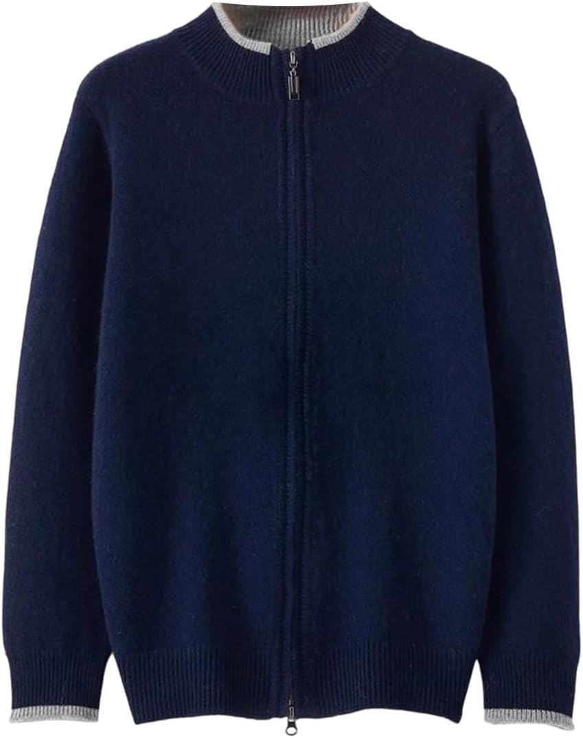 Men's Fall Winter Solid Cashmere Sweater Half High Collar Knitted Zippered Cardigan Solid Wool Top
