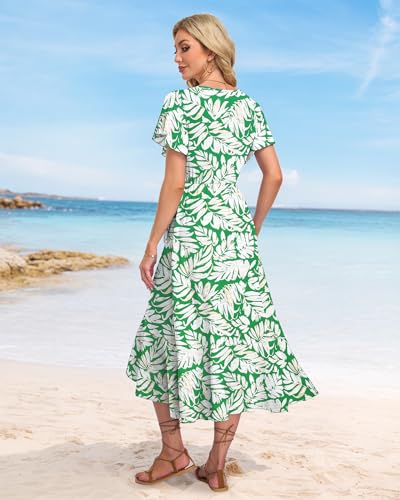Image of AUSELILY Women Summer Midi Dresses Wrap Short Flutter Sleeve Elegant Dress | High Slit,High-waisted,Ruffled Hem,V-Neck,Fixed-strap Design,Skin-Friendly,Breathability,Wedding Guest Dresses