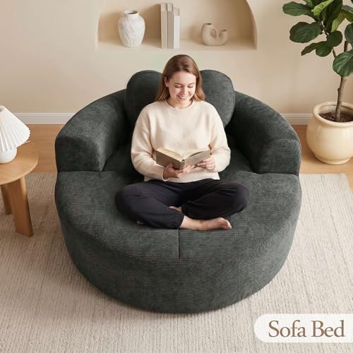 Image of Trustyue Boneless Couch,Comfy Fluffy Sofa Bed,Upholstered Sleeper Sofa with Cup Holder and Throw Pillows,Corduroy Plush Cloud Lounge Chair (Dark Grey, Waffle Polyester)