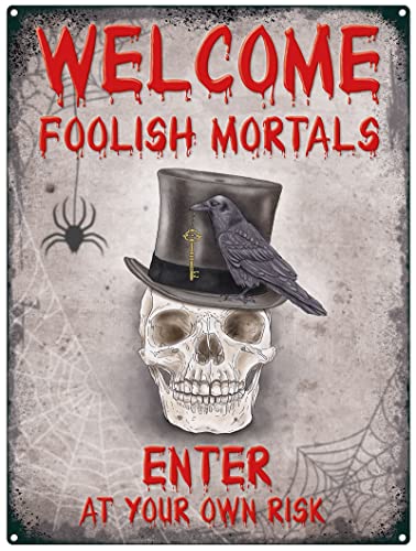 Small (150 x 200mm) Metal Sign - Welcome Foolish Mortals - Enter at Your Own Risk - Skull, Multicolour