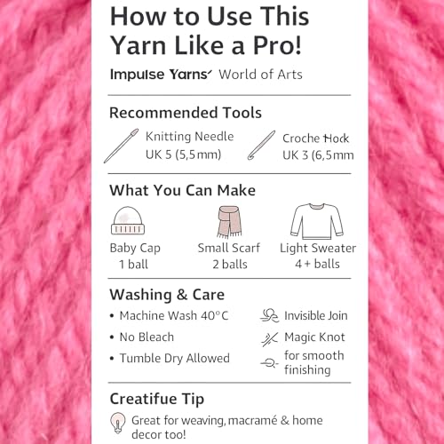 Image of WOAFashions Impulse Hand Knitting & Crochet Yarn, Premium Acrylic, 4 : Medium (Flamingo) (3x100gms / 3.5oz / 200mtr / 218yds)