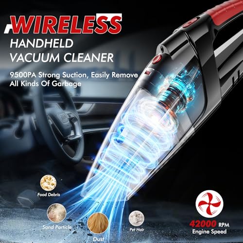 Image of Vacuum Cleaner for Car Use, 9500PA Cordless Vacuum Cleaner for Home Use Wet and Dry, 3 Powered Modes by 6000mAh Battery & 12V DC Car Port & USB Charging, Lightweight, LED Light, HEPA Filter