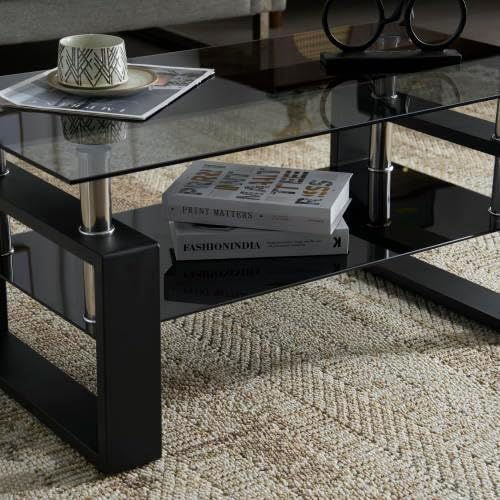 Glass Coffee Table with Storage Shelf - 87.5cm x 47.5cm x 【イエロー】 