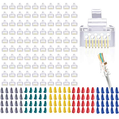 rj45 connectors,cat 6 rj45 connectors kit cat6 rj45 connectors rj45 Pass Through Connector UTP GWFIBER(100-Pack cat6 rj45 connectors+100 rj45 Boots)