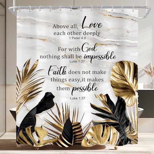 Cinbloo White Gold Tropical 72Wx72H Shower Curtain Palm Leaf Quotes Bible Verse Christian Monstera Scriptures Bath Curtain Men Black Marble Bath Bathroom Accessories Decor