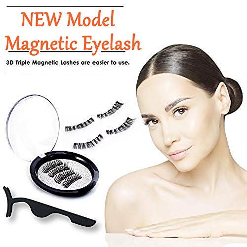 Slature Magnetic False Eyelashes No Glue, Triple Magnets Fake Lashes Extensions, 3D Full Eyes Reusable Natural False Lashes - 2019 New Version (4 PCS/1 Pair + 1 Tweezers)