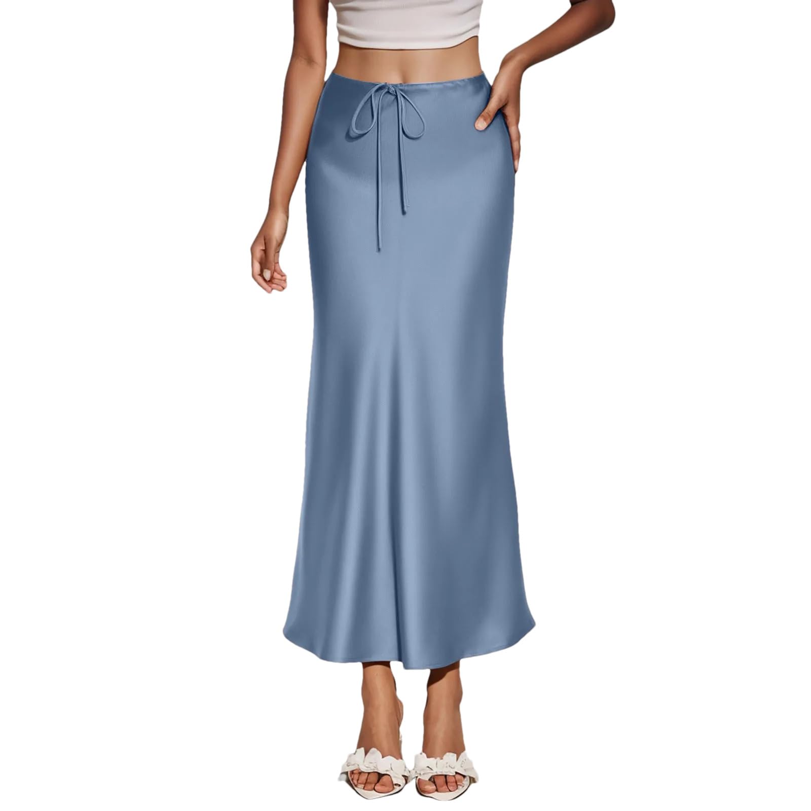 Jupes longues en satin de couleur unie avec cordon de serrage pour femme - Jupe longue élégante avec fente