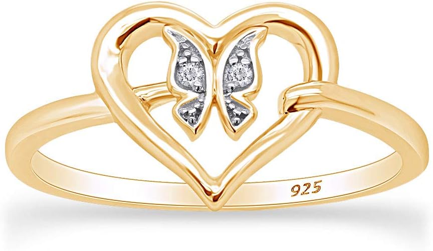 AFFY Round Shape White Cubic Zirconia Butterfly Heart Engagement Ring 14k Gold Over Sterling Silver