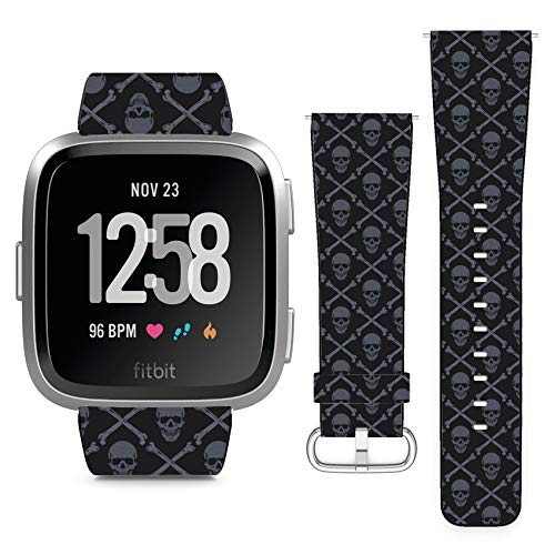 Compatible with Fitbit Versa, Versa 2, Versa Lite, Leather Replacement Bracelet Strap Wristband with Quick Release Pins // Skulls