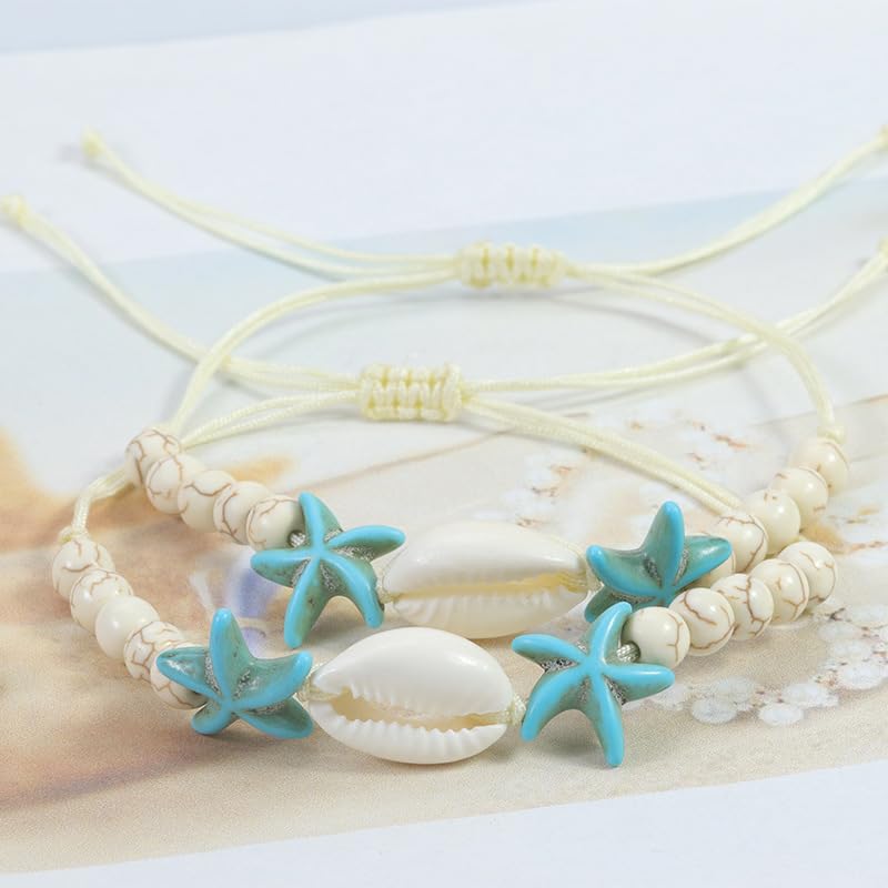 Pingyongchang Surfer Turquoise Colorful Starfish Shell Beads Bracelets Stackable Bangle for Women Waterproof Handmade Starfish Sea Bracelet Adjustable Boho Summer Ocean Beach Accessories2