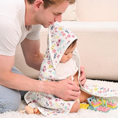 Image of david's kids 2 Pack Hooded Baby Towels, Large 32 inchx32 inch, 6 Layer 100% Muslin Cotton Highly Absorbent Girl Bath Towel for Newborn, Infant, Toddler, Soft and Breathable Baby Essentials, Floral & Butterfly