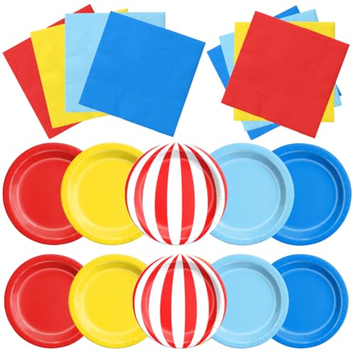 Image of CMUSKO 60Pcs Carnival Plates and Napkins-Circus Theme Party Decorations Red Blue Yellow Tableware for Birthday, Baby Shower