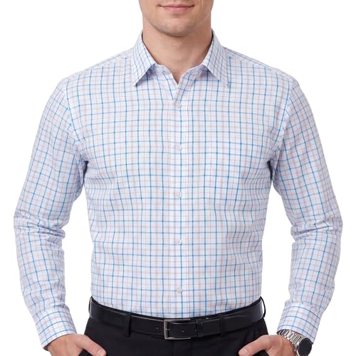 Image of Cotton King Mens Plaid Button Down Shirts Cotton Long Sleeve Dress Shirts Wrinkle Free Buisness Shirts Checks Plaid Blue White Small