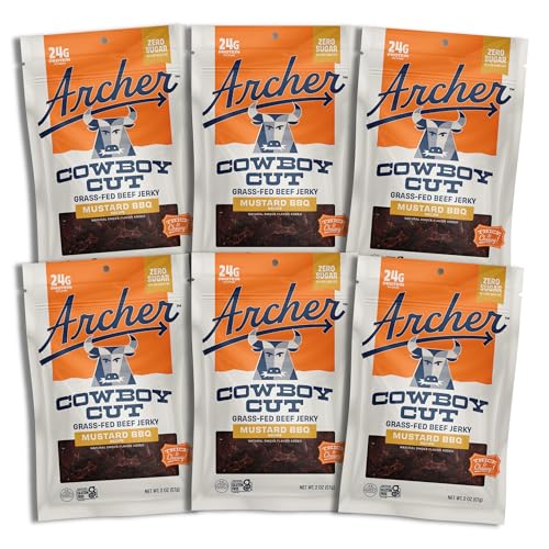 Country Archer Grass Fed Beef Jerky Mustard Bbq - Zero Sugar Beef Snack, Sugar Free Protein Snack Pack, Mustard Bbq Flavor, Bulk Individual Bags, Gluten Free, Paleo - 2 Oz (Pack Of 6)