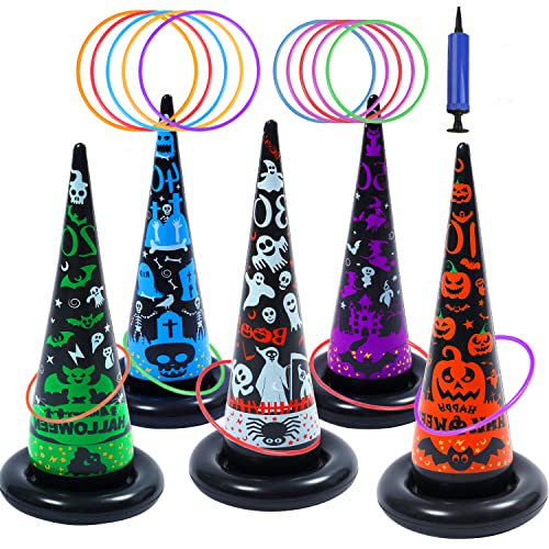 H-Style 5 Pack Halloween Inflatable Ghost Witch Hat Ring Toss Toys 10 Rings with Pump Party Games for Kids and Adults, Family Halloween Games for Carnival Party Favors Indoor Outdoor