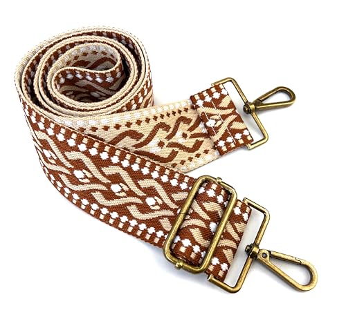 Image of Cream Brown Geometric Jacquard Purse Strap with Bronze Hardware 2 Inch Wide Replacement Crossbody Guitar Style Adjustable Shoulder Strap for Handbags Totes