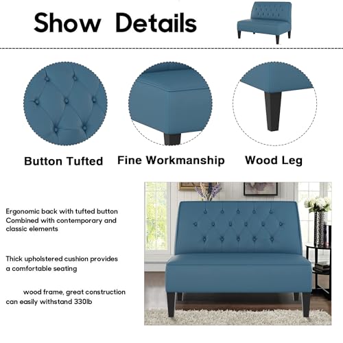 Image of Alunaune Upholstered Blue Loveseat Bench Couch for Bedroom, Modern Cushioned Armless Settee Small Love Seat Sofa Faux Leather Living Room Couch