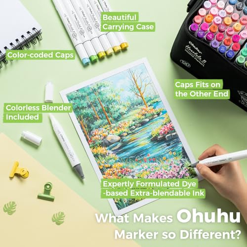 Image of Ohuhu Alcohol Markers Brush Tip -Double Tipped Art Marker Set for Artist Adults Coloring Illustration -120 Colors -Brush &Fine -Honolulu B-Refillable