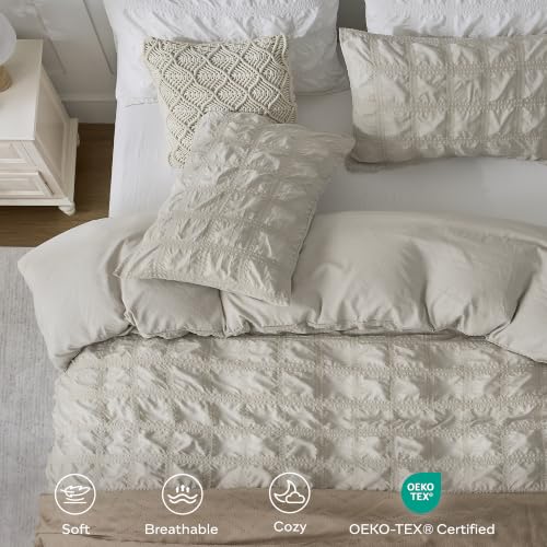 Image of JELLYMONI Seersucker Duvet Cover Set King, 3pcs Oatmeal-Grid Polyester | In Spacious Master, Couples & Pets, Crinkled Texture, Oeko-Tex Certified, 8 Corner Ties & Hidden Zipper
