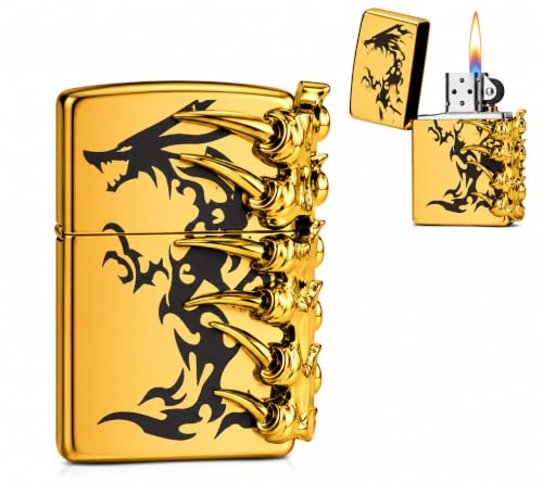 Image of Refillable Metal Lighter with Adjustable Flame, Wind Resistant Pocket Lighter, Decorative Claw Design, Reusable Flip Top Lighter for Men, Gift & Everyday Carry (Golden)